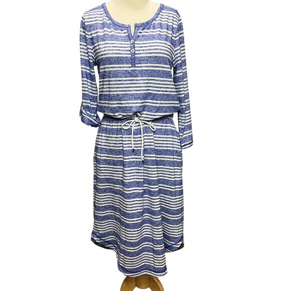 Talbots Dresses & Skirts - T by Talbots Dress M Blue White Stripe Drawstring Roll Tab Nautical Coastal Soft